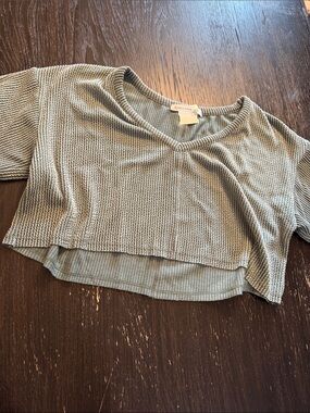 Altar'd State Olive Sage Cropped V-Neck Waffle Knit Top